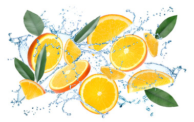 Flying juicy orange slices, citrus leaves and water splash on white background