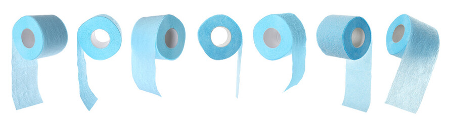 Set of toilet paper rolls on white background