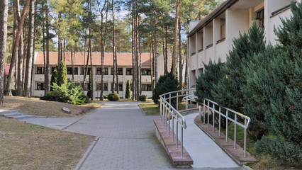 GRODNO, BELARUS - MARCH 2, 2019: Sanatorium ENERGETIK. Residential buildings in the pine forest.