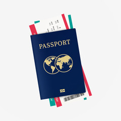 Travel by plane. Biometric passport and airline tickets.