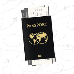 Vacation concept. Biometric passport and airplane tickets.