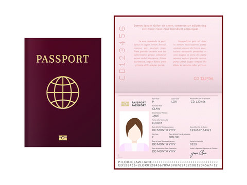 International female biometric passport booklet and cover template.