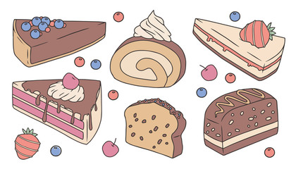 Cute cartoon vector collection set with different delicious cakes