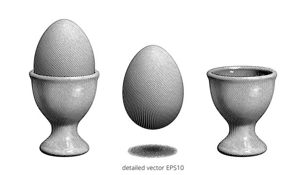 Set of old Easter objects. Filled and empty egg cups. Floating chicken egg. Vector engraving. Cross hatching texture. Black ink. Detailed etching. Elegant vintage style