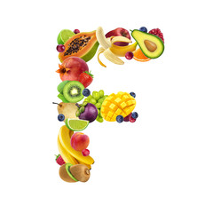 Letter F made of different fruits and berries, fruit alphabet isolated on white background