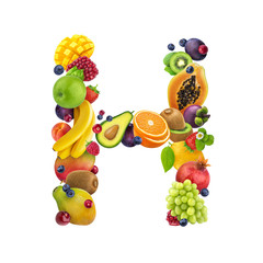 Letter - H made of different fruits and berries, fruit alphabet isolated on white background