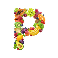 Letter P made of different fruits and berries, fruit font isolated on white background, healthy alphabet