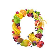 Letter Q made of different fruits and berries, fruit font isolated on white background, healthy alphabet