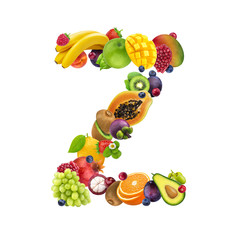 Letter Z made of different fruits and berries, fruit alphabet isolated on white background