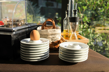 Boiled egg for healthy breakfast on the buffet table in the greek hotel.