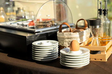 Boiled egg for healthy breakfast on the buffet table in the greek hotel.