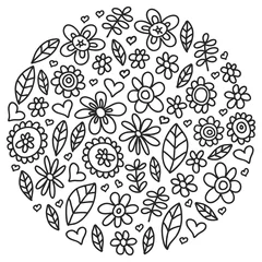Gordijnen Vector set of child drawing flowers icons in doodle style. Painted, black monochrome, pictures on a piece of paper on white background. © Cepheia