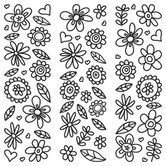 Vector set of child drawing flowers icons in doodle style. Painted, black monochrome, pictures on a piece of paper on white background.
