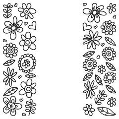 Vector set of child drawing flowers icons in doodle style. Painted, black monochrome, pictures on a piece of paper on white background.