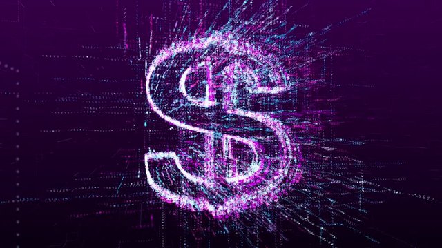 An animation of an American dollar money sign. Consists of a stream of numbers and symbols in digital space.