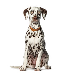 Dalmatian sitting in front of white background