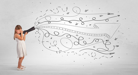 Cute girl looking in spyglass with doodle arrow concept
