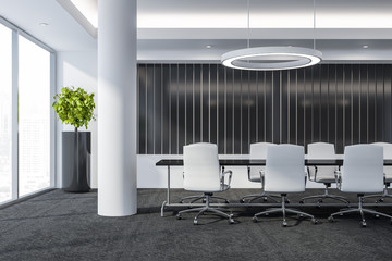 Modern conference room with furniture, big windows and city view 3D Render