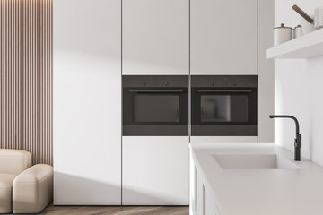 Modern disign white kitchen interior with window light. 3d Render.