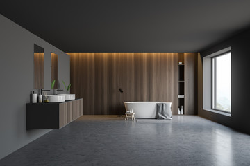 Gray and wooden bathroom, tub and sink