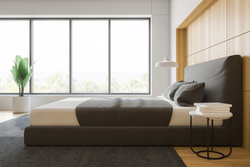 Stylish bedroom interior with white bedding of king size bed in fashionable. 3d render.