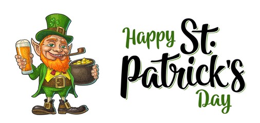 Leprechaun holding beer glass and pot of gold coins. Vector illustration.