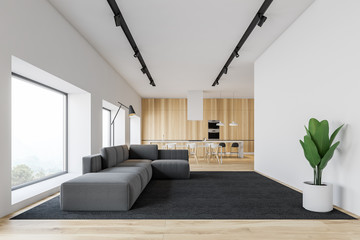 White and wooden living room and kitchen