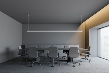 Modern design dark office interior with work space. 3D render