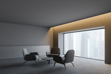 Modern dark empty office interior with work space. 3D render