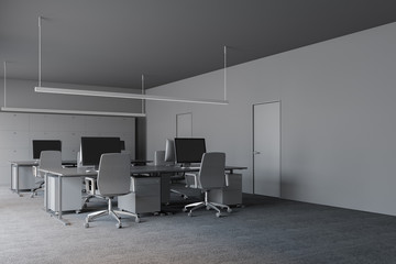 Modern grey office interior with work space. 3D render