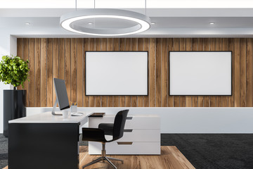 Modern white empty office interior with work space. 3D render. Mock up