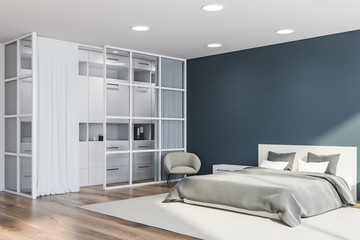 Fototapeta na wymiar Stylish bedroom interior with white bedding of king size bed in fashionable. 3d render.