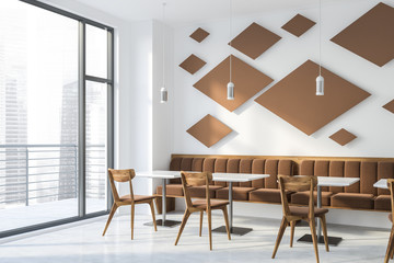 White restaurant interior with wooden tables, chairs. 3d render