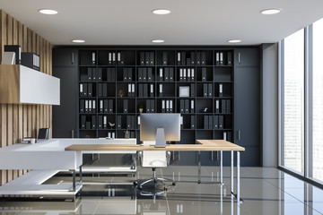 Wooden manager office interior with bookshelves