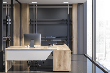 Panoramic gray manager office interior