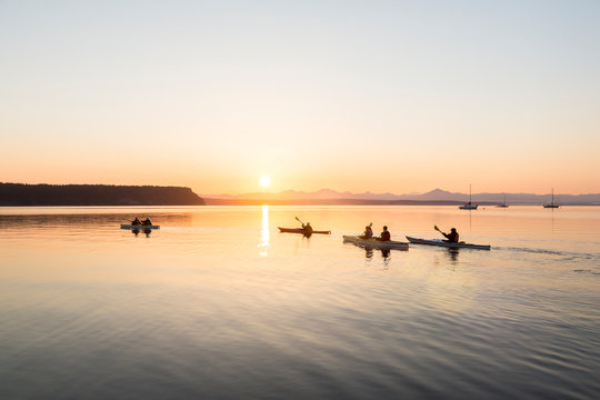 Group of people men and women in kayaks sea kayaking. Active outdoor adventure water sports enjoying beautiful nature at sunrise.