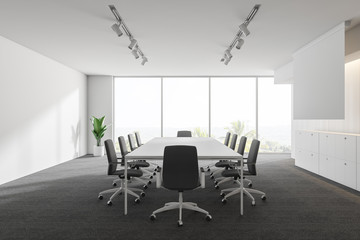 Modern white empty office interior with work space computers and furniture. 3D render