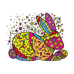 Easter bunny with ornament. Handmade vector colored drawing isolated on white background.