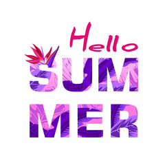 Hello summer banner with tropical flowers, palm leaves, jungle plants, hibiscus, bird of paradise flower, exotic floral design for banner, flyer, invitation, poster, web site or greeting card. 
