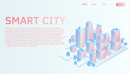 Smart city or intelligent building isometric vector concept. Website landing page template. Abstract 3d isometric landing page in light blue and living coral colors