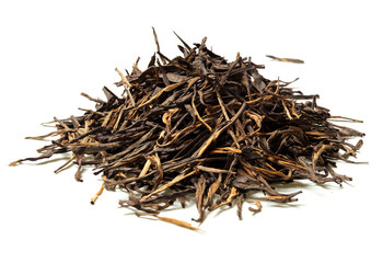 Heap of black tea on white background. Close up. High resolution.