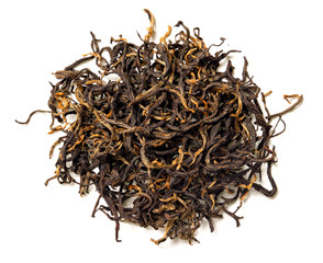 Black tea on white background. Top view. Close up. High resolution