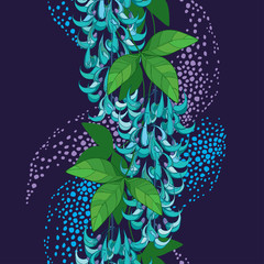 Seamless pattern of outline Strongylodon flower bunch or turquoise Jade vine with green leaf and bud on the violet background.
