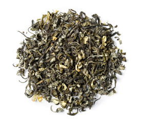 Green tea with jasmine on white background. Top view. Close up. High resolution