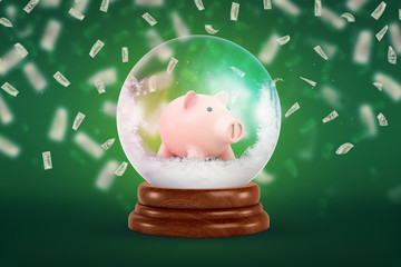 3d rendering of christmas snow globe with pink piggy bank inside and dollars in the air on green background