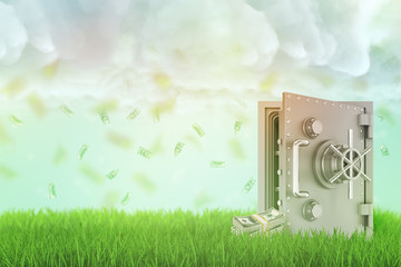 3d rendering of an open safe on a fresh green lawn with a few money bundles beside it and a rain of dollar bills falling down from thick clouds.