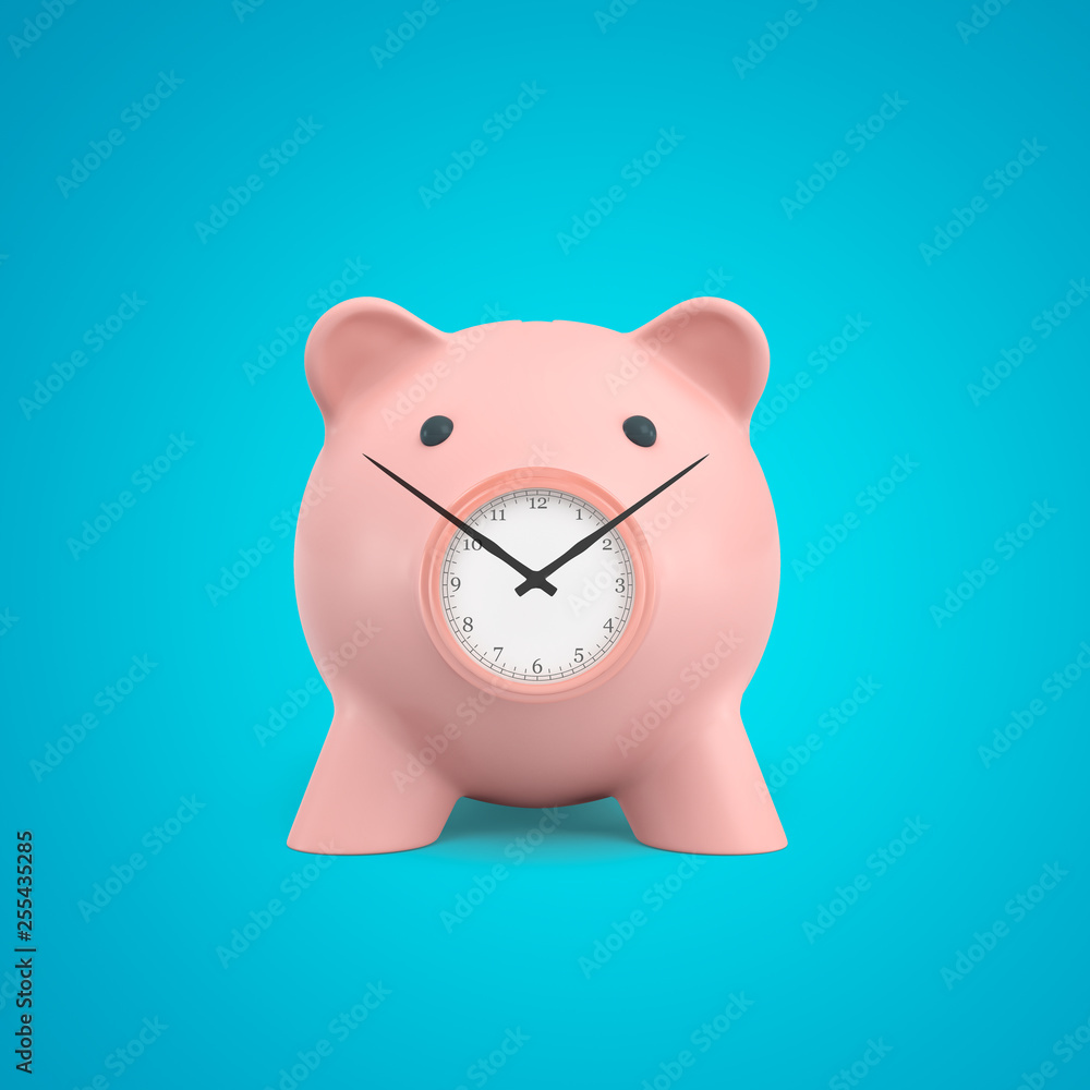 Poster 3d rendering of pink piggy bank with clock instead of snout and long black clock hands on blue backg