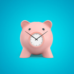 3d rendering of pink piggy bank with clock instead of snout and long black clock hands on blue background
