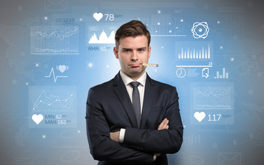 Young sick businessman with fever and medical research concept
