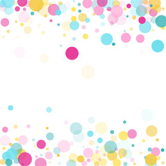 Memphis round confetti festive background in cyan blue, pink and yellow. Childish pattern vector.